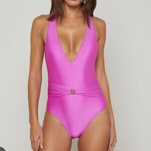 L'Agence Shimmer Solids Lisa Plunge One-Piece Swimsuit Orchid Pink Small NEW